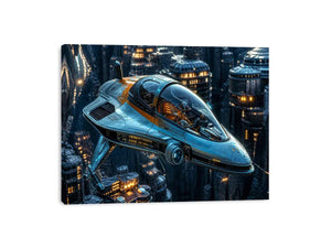 futuristic spaceship wall art canvas sci fi vehicle city background modern digital artwork blue teal decor