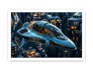 futuristic spaceship wall art canvas sci fi vehicle city background modern digital artwork blue teal decor