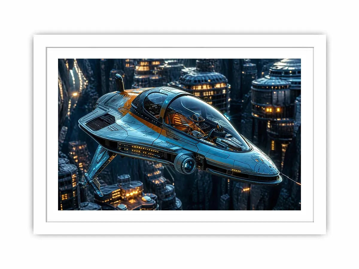 futuristic spaceship wall art canvas sci fi vehicle city background modern digital artwork blue teal decor