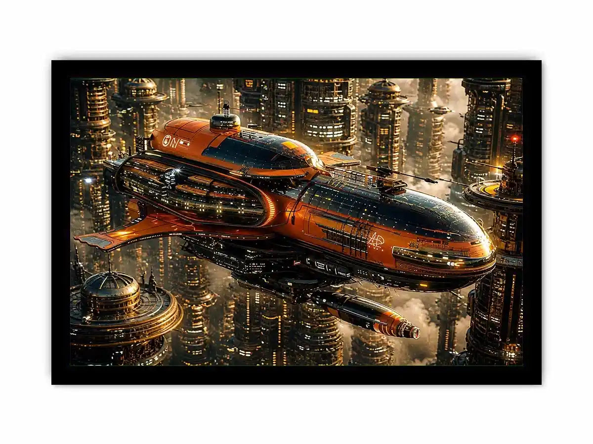 futuristic spaceship city wall art canvas sci fi orange black industrial skyline digital artwork modern decor