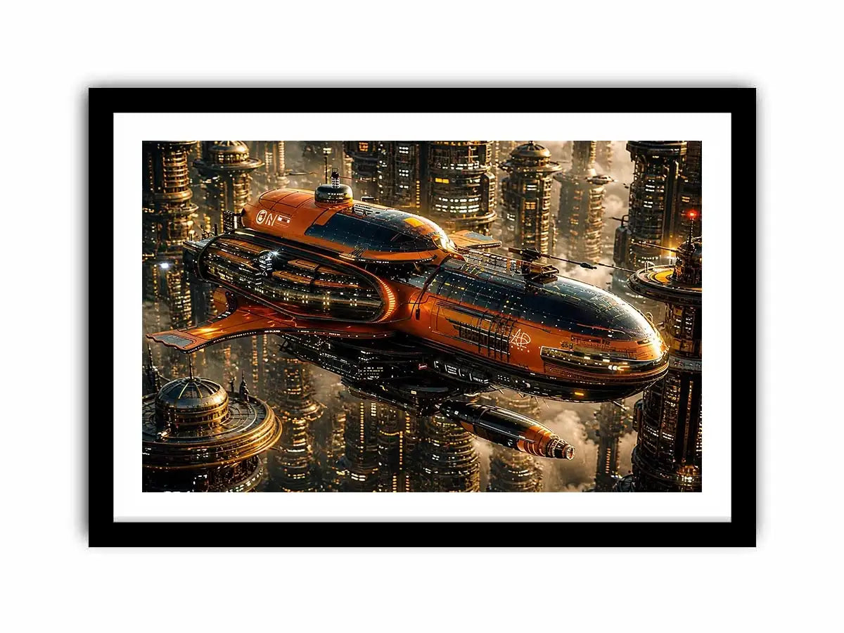 futuristic spaceship city wall art canvas sci fi orange black industrial skyline digital artwork modern decor