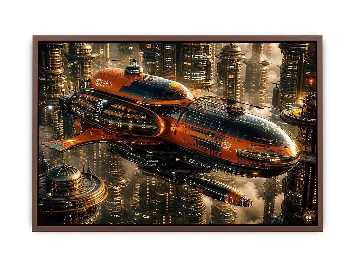 futuristic spaceship city wall art canvas sci fi orange black industrial skyline digital artwork modern decor