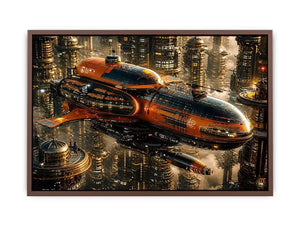 futuristic spaceship city wall art canvas sci fi orange black industrial skyline digital artwork modern decor