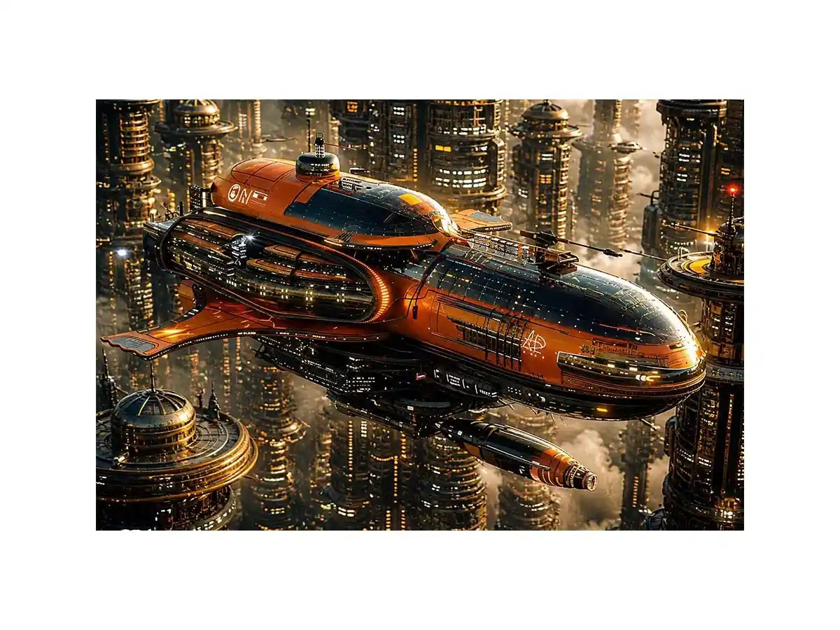 futuristic spaceship city wall art canvas sci fi orange black industrial skyline digital artwork modern decor