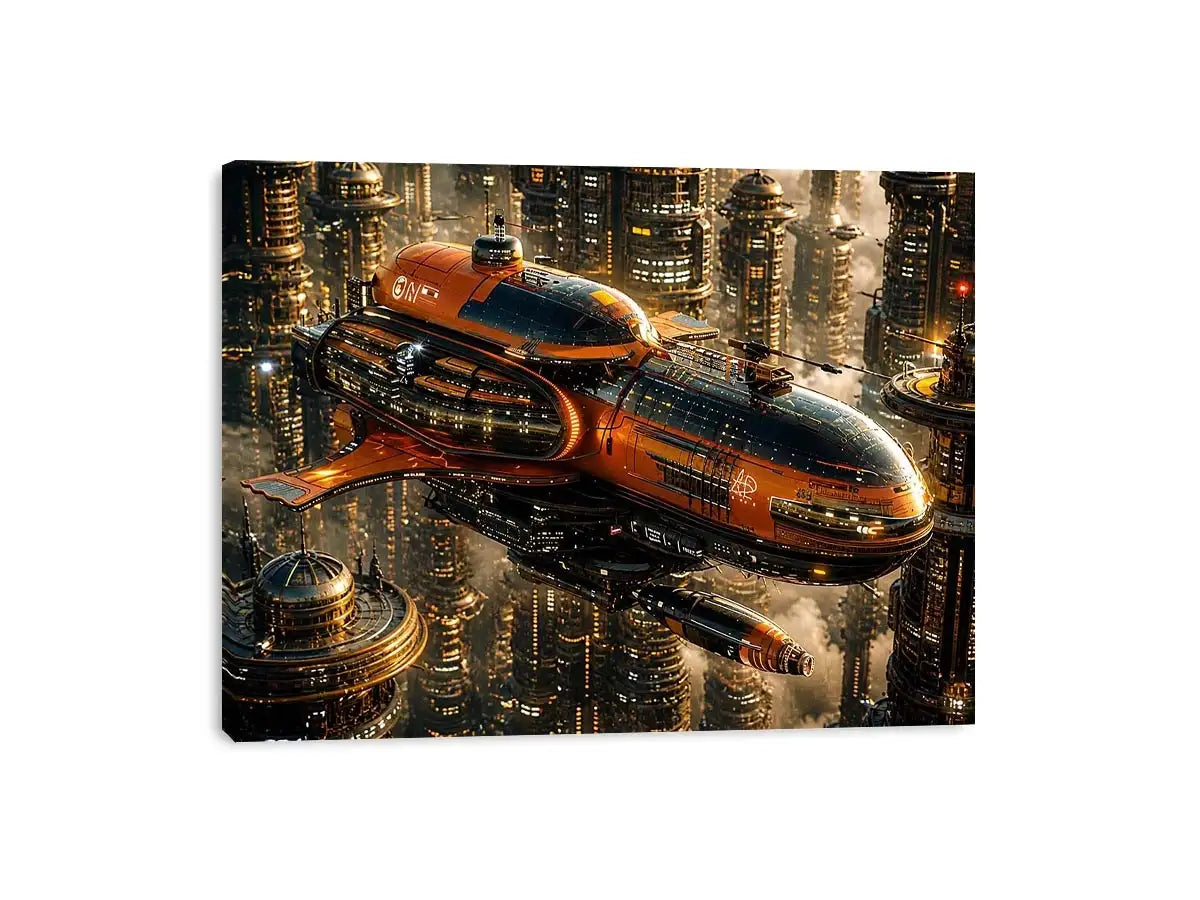 futuristic spaceship city wall art canvas sci fi orange black industrial skyline digital artwork modern decor
