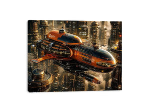 futuristic spaceship city wall art canvas sci fi orange black industrial skyline digital artwork modern decor