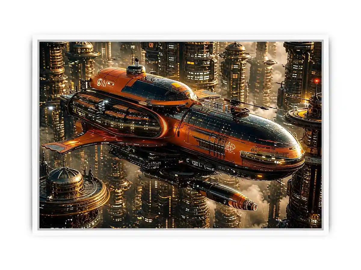 futuristic spaceship city wall art canvas sci fi orange black industrial skyline digital artwork modern decor
