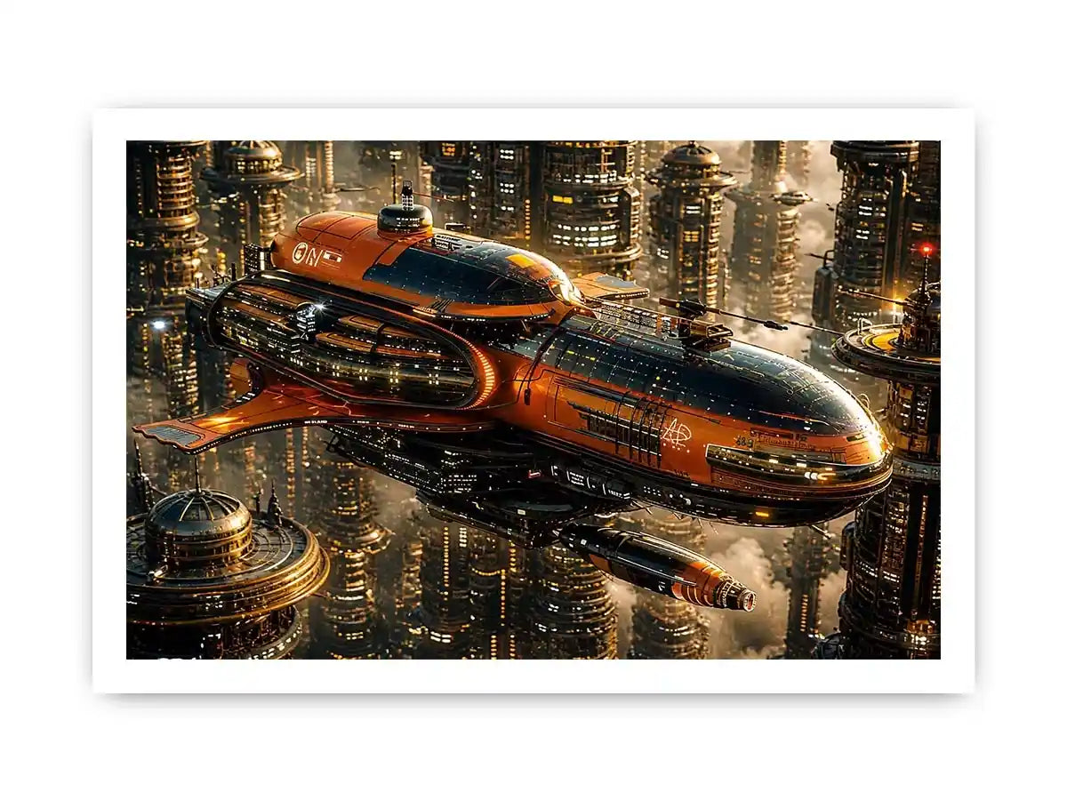 futuristic spaceship city wall art canvas sci fi orange black industrial skyline digital artwork modern decor