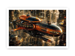 futuristic spaceship city wall art canvas sci fi orange black industrial skyline digital artwork modern decor