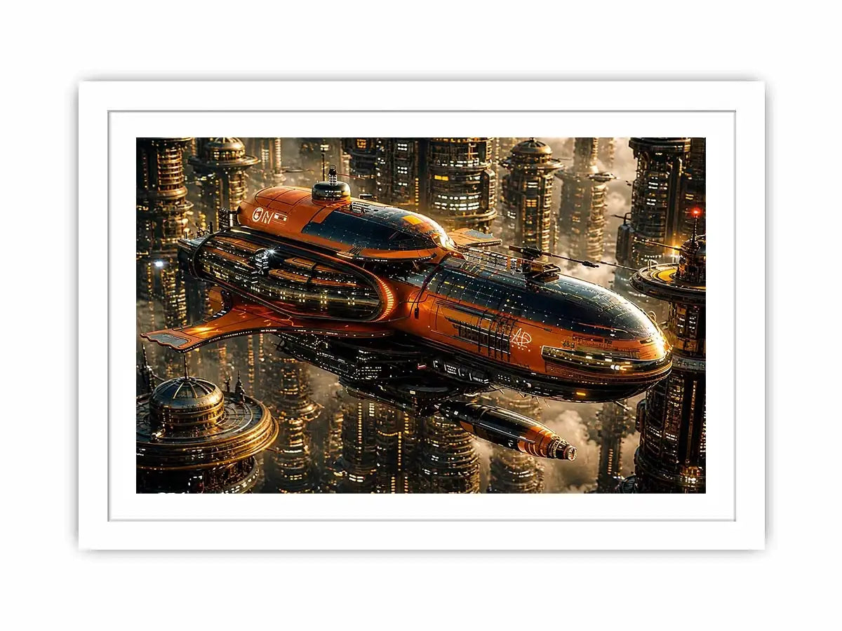 futuristic spaceship city wall art canvas sci fi orange black industrial skyline digital artwork modern decor