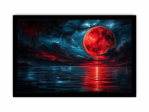 red moon abstract wall art canvas ocean reflection modern painting teal blue dramatic decor artwork