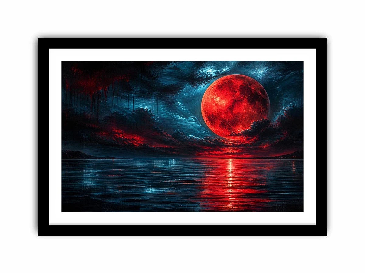 red moon abstract wall art canvas ocean reflection modern painting teal blue dramatic decor artwork