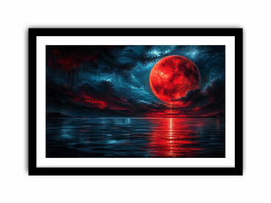 red moon abstract wall art canvas ocean reflection modern painting teal blue dramatic decor artwork