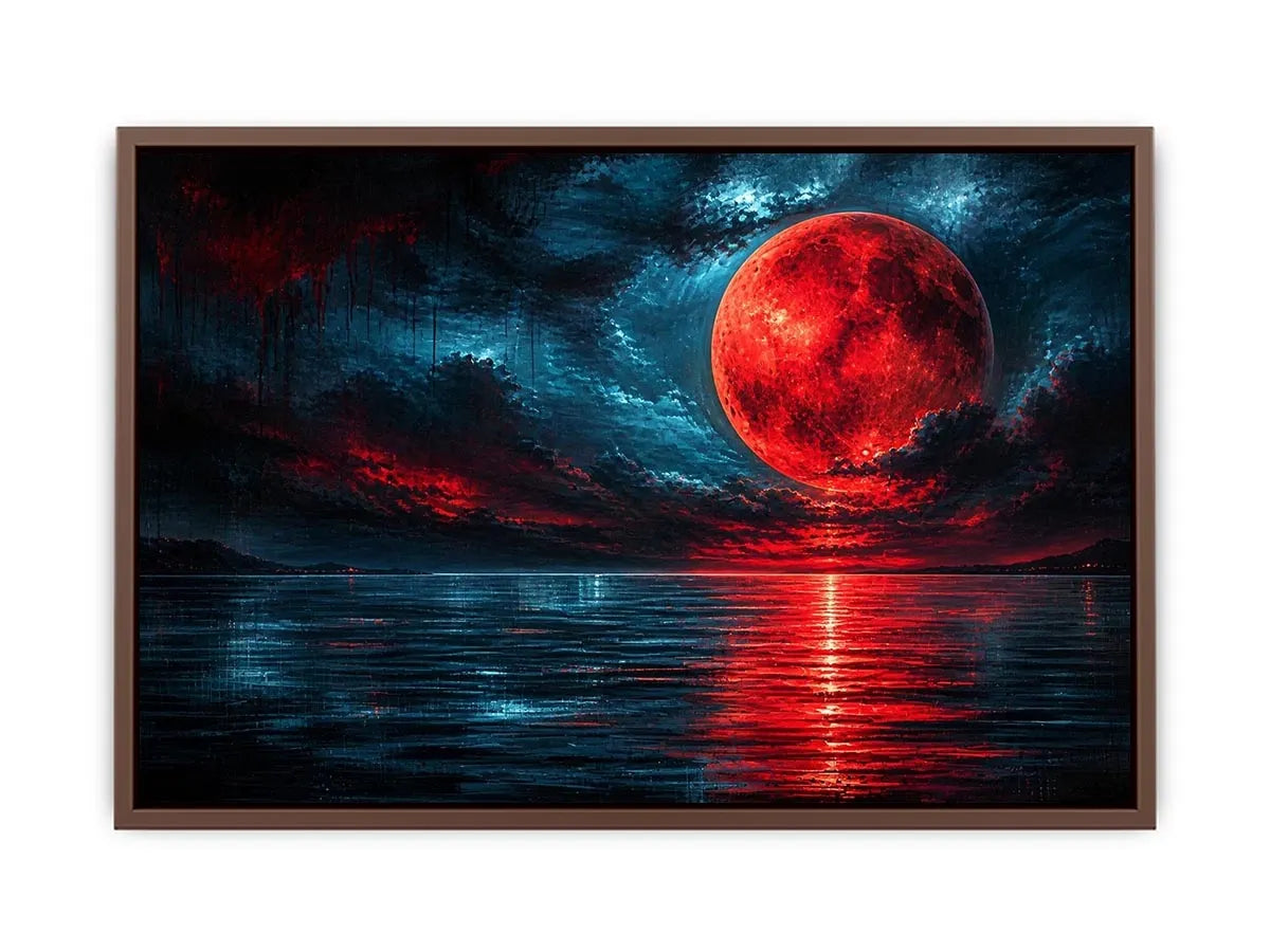 red moon abstract wall art canvas ocean reflection modern painting teal blue dramatic decor artwork