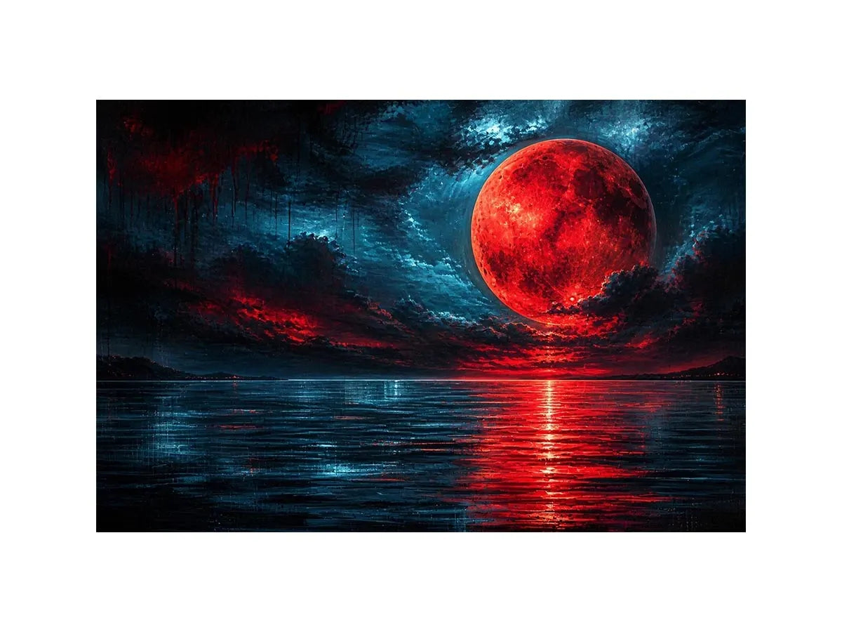 red moon abstract wall art canvas ocean reflection modern painting teal blue dramatic decor artwork