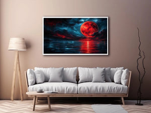 red moon abstract wall art canvas ocean reflection modern painting teal blue dramatic decor artwork