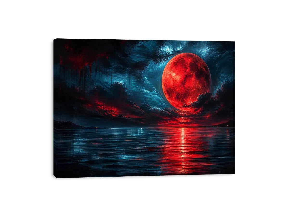 red moon abstract wall art canvas ocean reflection modern painting teal blue dramatic decor artwork