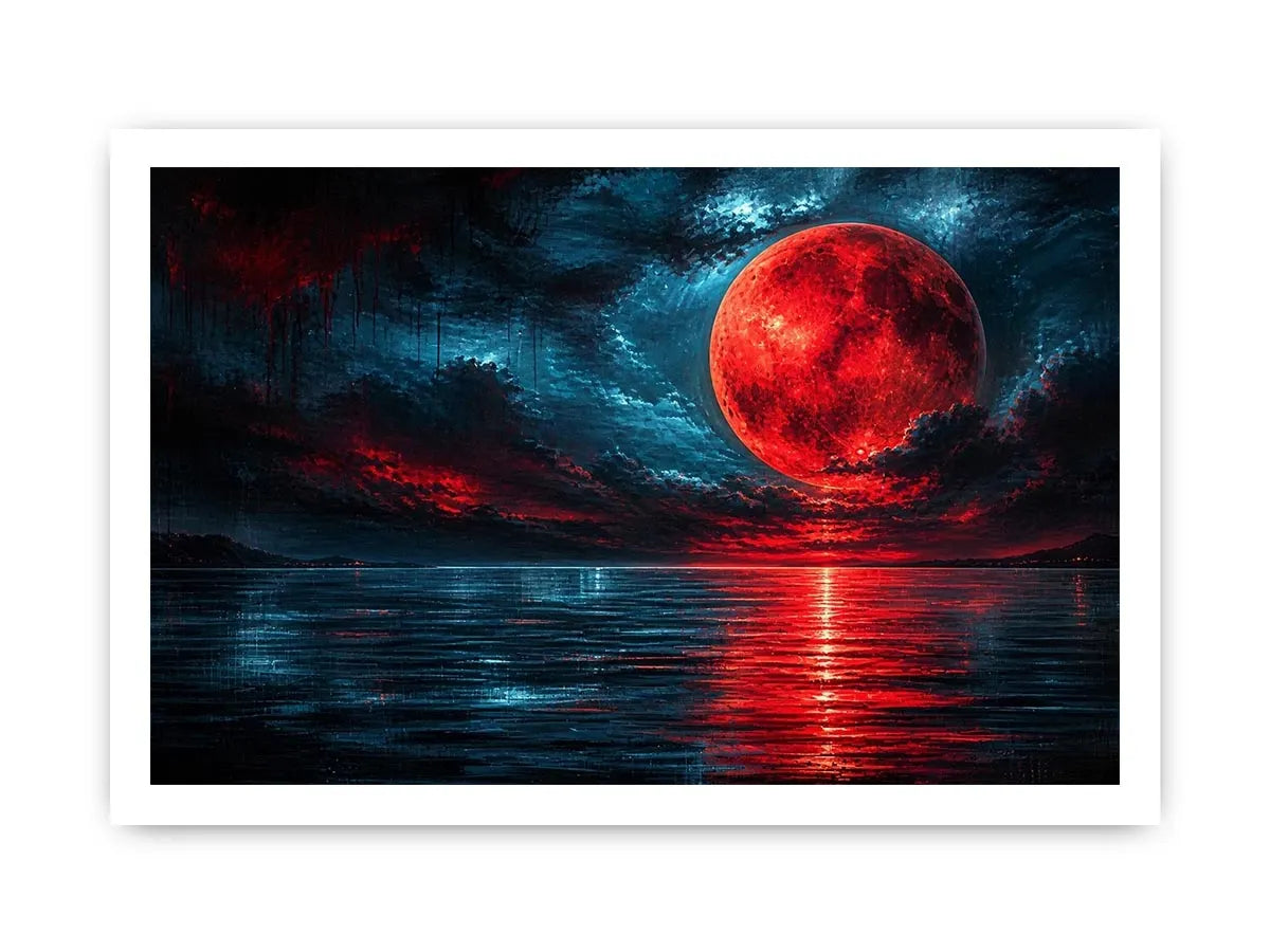 red moon abstract wall art canvas ocean reflection modern painting teal blue dramatic decor artwork
