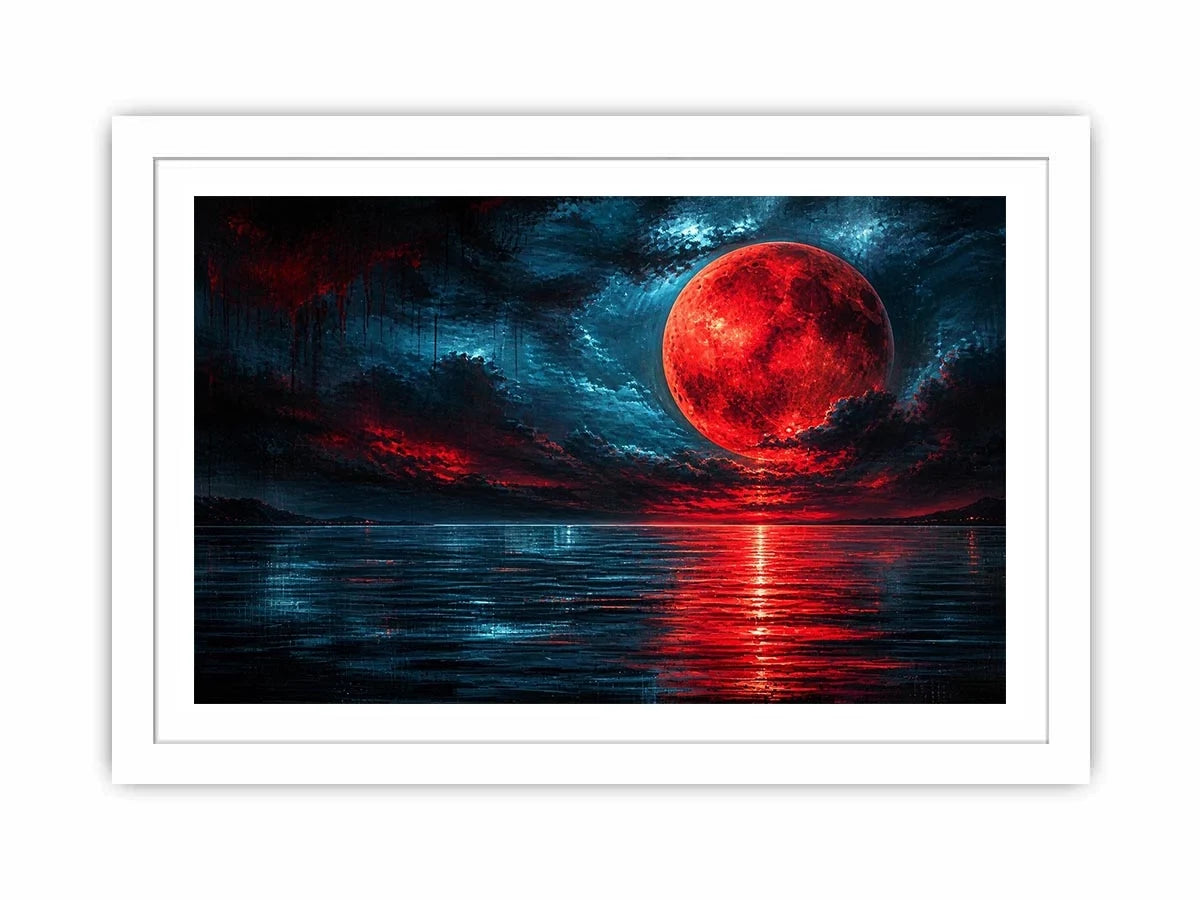 red moon abstract wall art canvas ocean reflection modern painting teal blue dramatic decor artwork