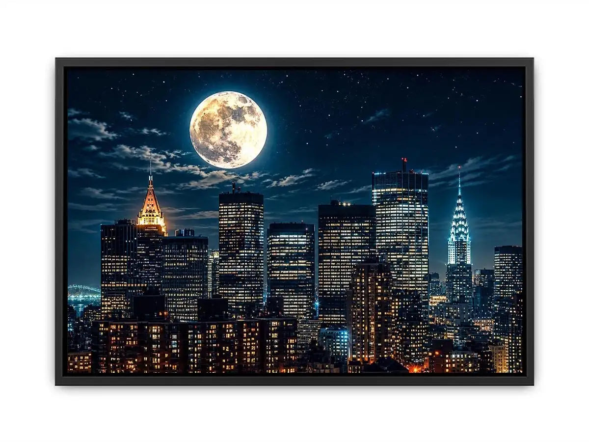 NYC skyline wall art canvas moon night city lights modern photography blue black urban decor