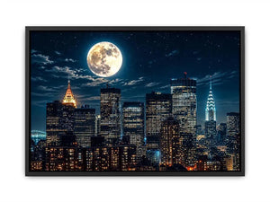 NYC skyline wall art canvas moon night city lights modern photography blue black urban decor