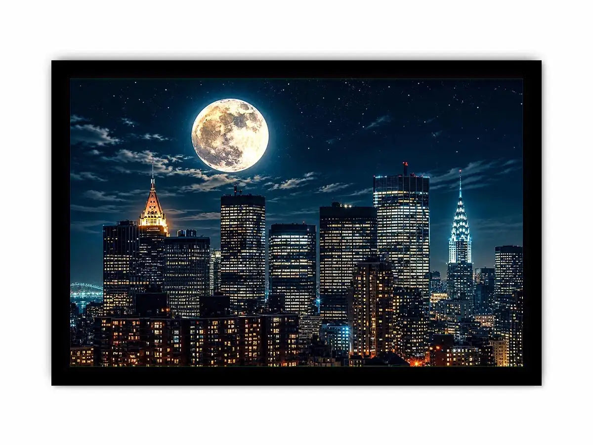 NYC skyline wall art canvas moon night city lights modern photography blue black urban decor