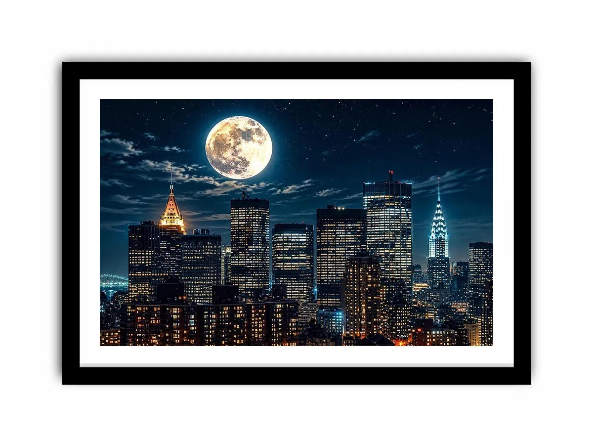 NYC skyline wall art canvas moon night city lights modern photography blue black urban decor