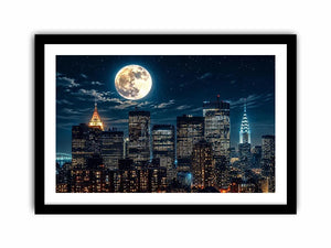 NYC skyline wall art canvas moon night city lights modern photography blue black urban decor