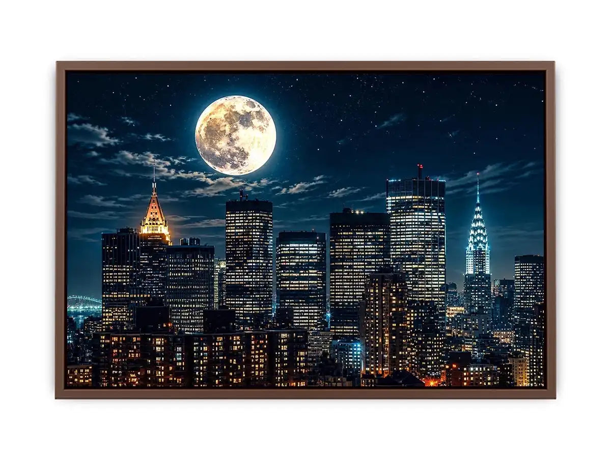 NYC skyline wall art canvas moon night city lights modern photography blue black urban decor