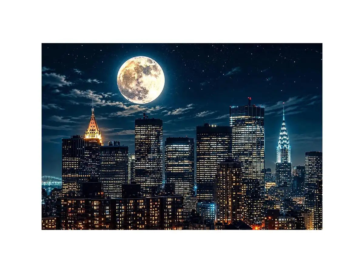 NYC skyline wall art canvas moon night city lights modern photography blue black urban decor