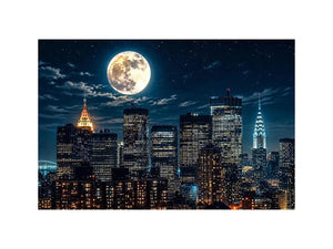 NYC skyline wall art canvas moon night city lights modern photography blue black urban decor