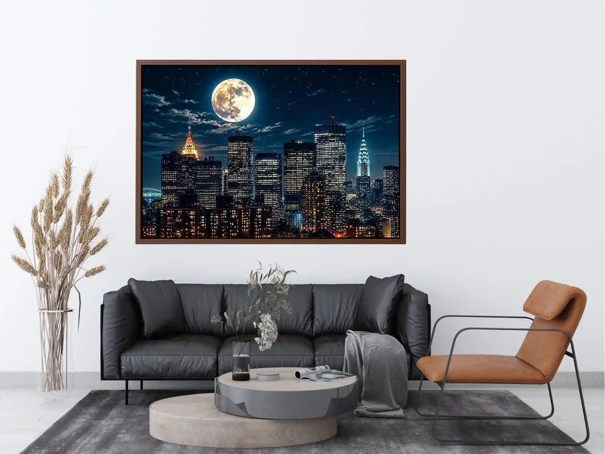 NYC skyline wall art canvas moon night city lights modern photography blue black urban decor