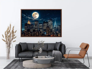 NYC skyline wall art canvas moon night city lights modern photography blue black urban decor