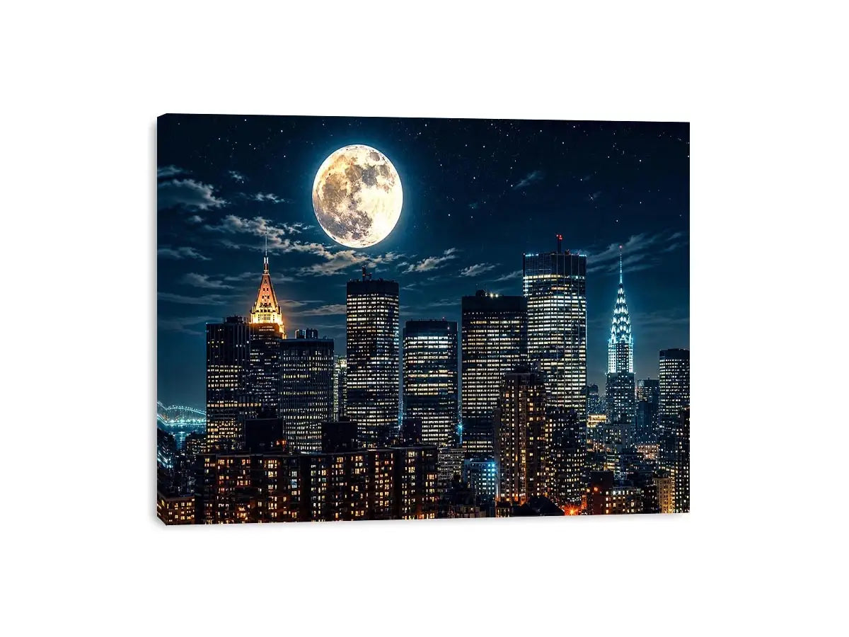 NYC skyline wall art canvas moon night city lights modern photography blue black urban decor