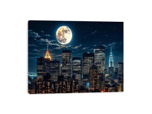 NYC skyline wall art canvas moon night city lights modern photography blue black urban decor