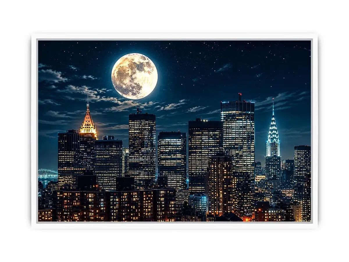 NYC skyline wall art canvas moon night city lights modern photography blue black urban decor