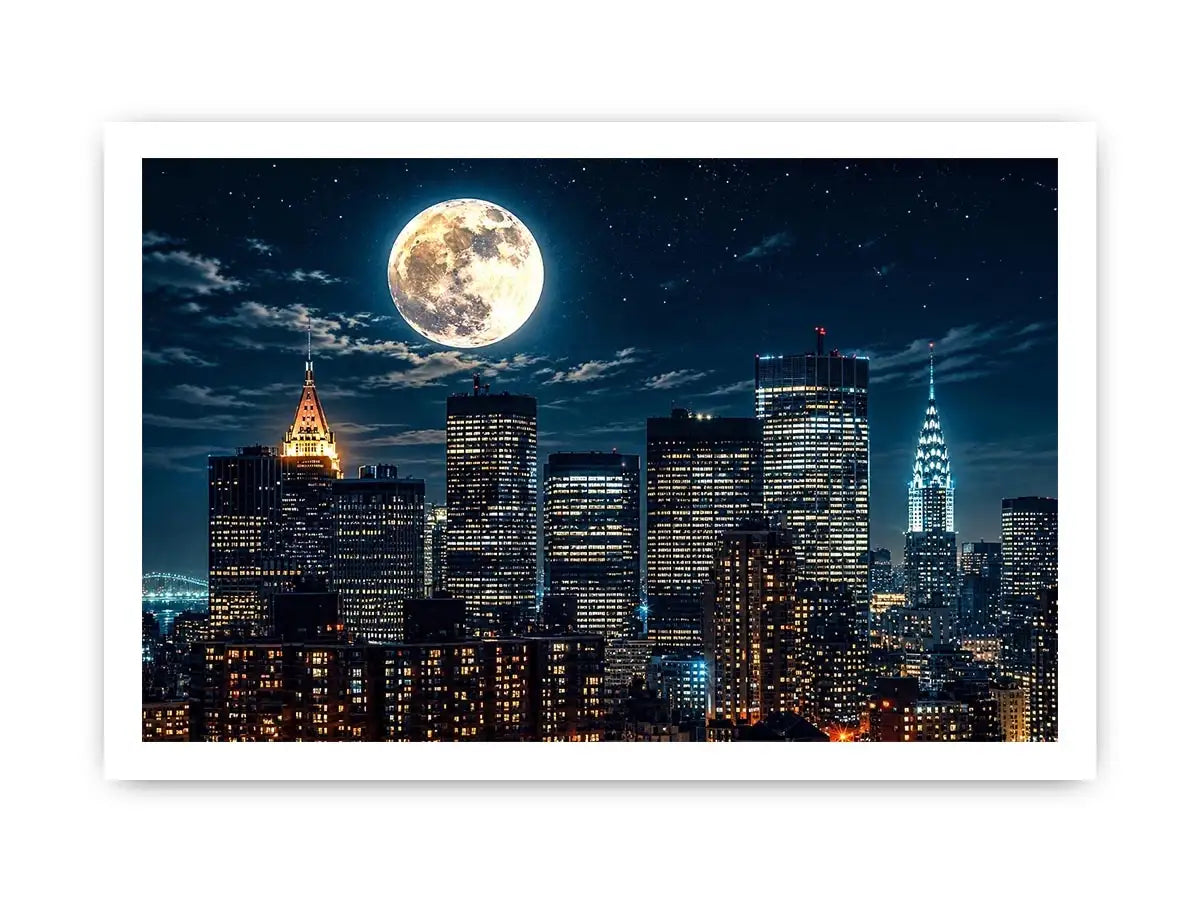 NYC skyline wall art canvas moon night city lights modern photography blue black urban decor