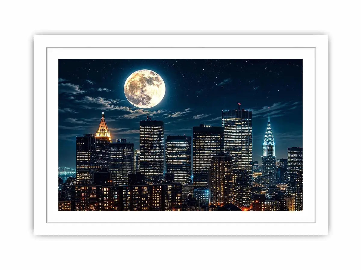 NYC skyline wall art canvas moon night city lights modern photography blue black urban decor