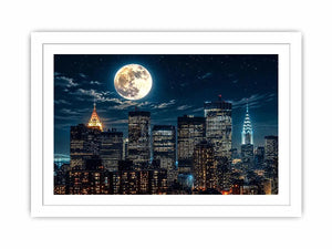 NYC skyline wall art canvas moon night city lights modern photography blue black urban decor