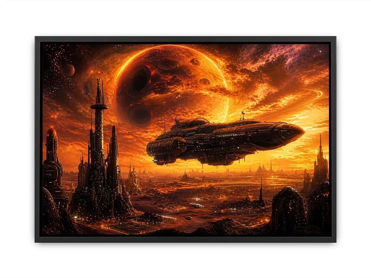futuristic planet city wall art canvas spaceship sci fi sunset alien landscape orange red decor artwork