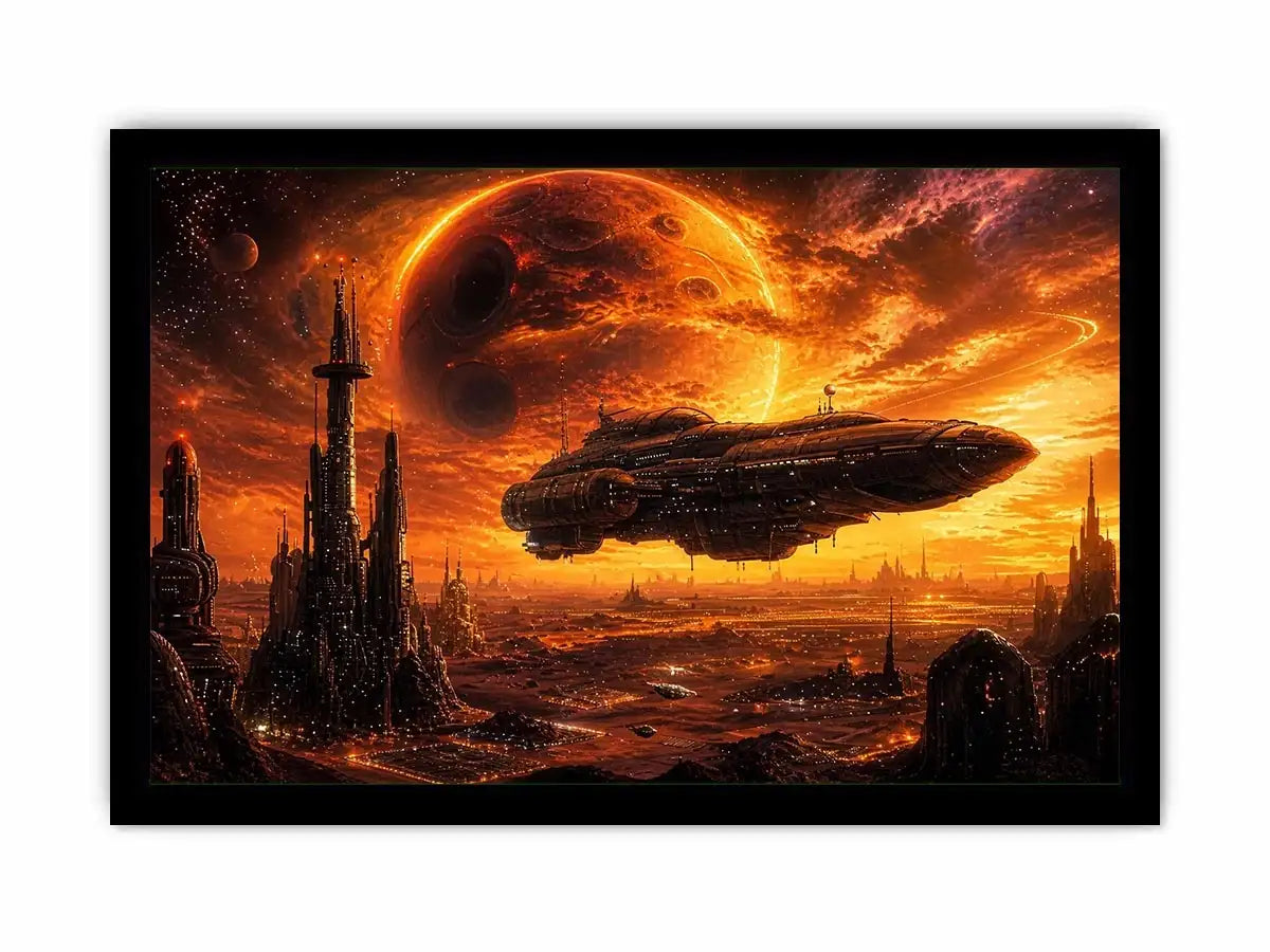 futuristic planet city wall art canvas spaceship sci fi sunset alien landscape orange red decor artwork