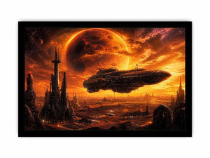 futuristic planet city wall art canvas spaceship sci fi sunset alien landscape orange red decor artwork