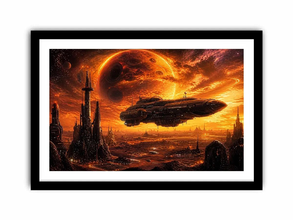 futuristic planet city wall art canvas spaceship sci fi sunset alien landscape orange red decor artwork