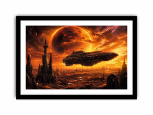 futuristic planet city wall art canvas spaceship sci fi sunset alien landscape orange red decor artwork