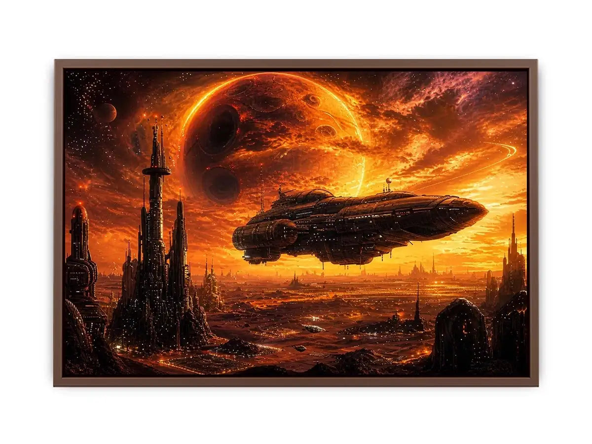 futuristic planet city wall art canvas spaceship sci fi sunset alien landscape orange red decor artwork