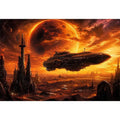 futuristic planet city wall art canvas spaceship sci fi sunset alien landscape orange red decor artwork
