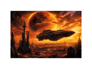 futuristic planet city wall art canvas spaceship sci fi sunset alien landscape orange red decor artwork
