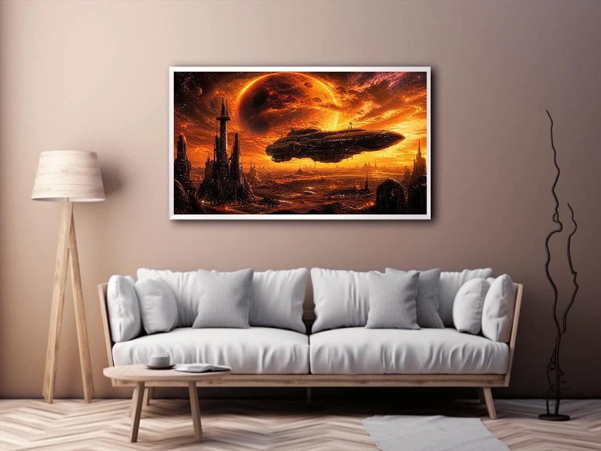 futuristic planet city wall art canvas spaceship sci fi sunset alien landscape orange red decor artwork