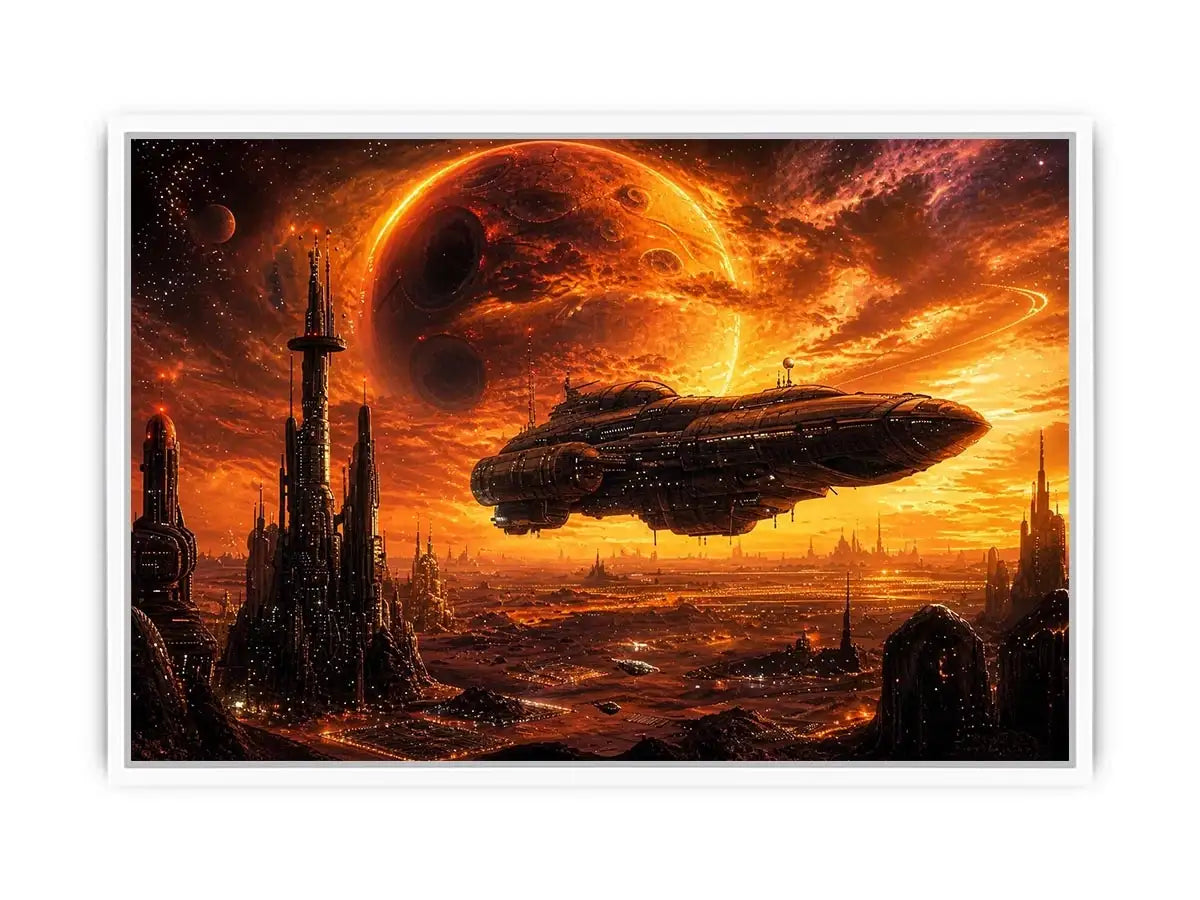 futuristic planet city wall art canvas spaceship sci fi sunset alien landscape orange red decor artwork