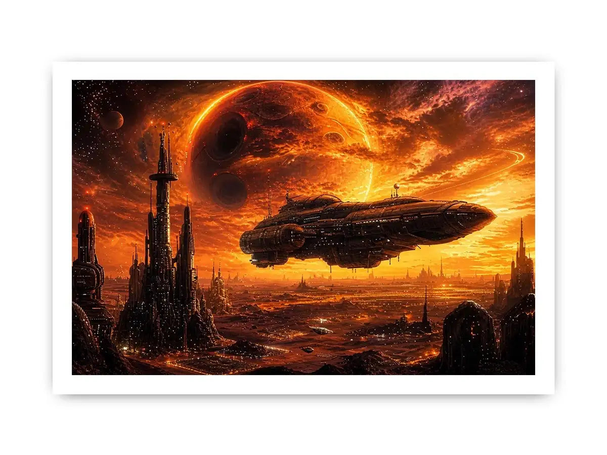 futuristic planet city wall art canvas spaceship sci fi sunset alien landscape orange red decor artwork